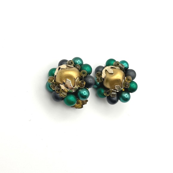 Vintage Jewelry - Vintage Japan Green Black Faux Pearl Cluster Clip On Earrings Gold Tone MCM